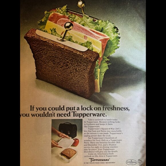 1968 Tupperware Square-A-Way Print Ad: Food Storage, Vintage, Sandwich, Ephemera - Picture 1 of 1